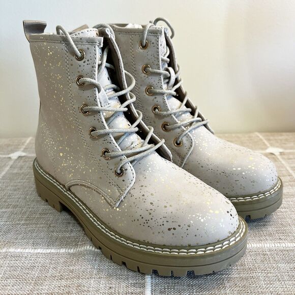 MIA Girl Cammy Combat Boots Beige Gold Paint Splatter NEW Girls Sz 3 Side Zip - Picture 2 of 9